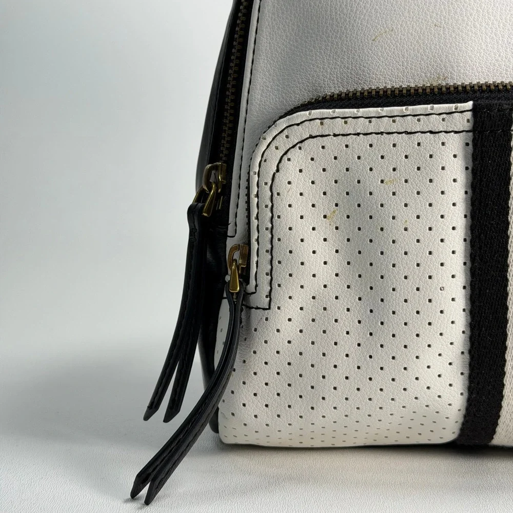 Fossil Megan Mini Backpack Women Small Black White Perforated Leather Stripe Bag